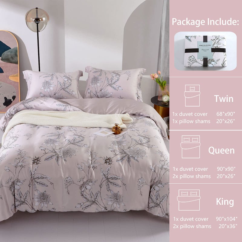MILDLY 100% Long-Staple Cotton Duvet Cover Set Light Pink Elegant Floral Pattern Printed Comforter Cover 3pcs, Ultra Soft & Breathable Bedding Set - Image 2